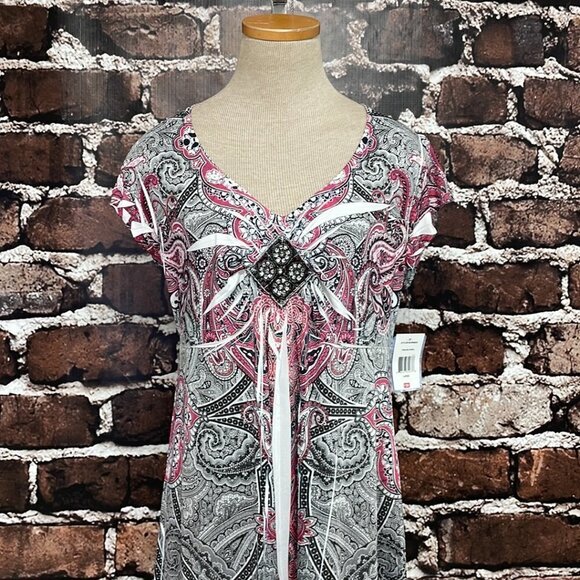 Unity Travel Para Dress NWT Paisley Beaded Short Sleeve Pink Black Size Large L - Picture 9 of 16
